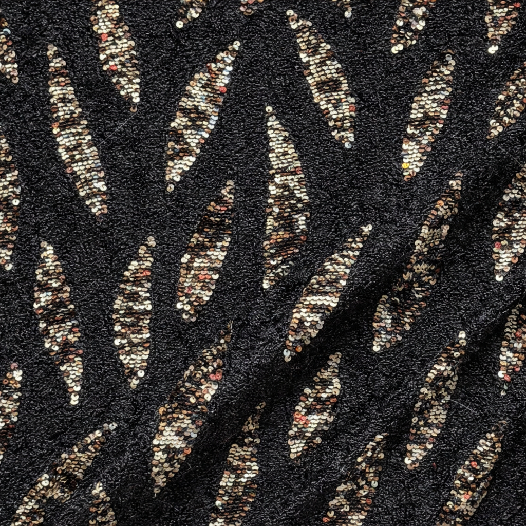 Quality Black Sequin Embellished Fabric with Abstract Leaf Pattern